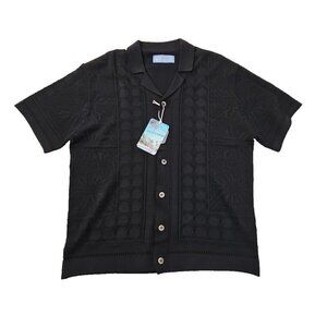 Free Planet Men's Button Up Cardigan Size M Black Keyhole Knit Short Sleeve NWT